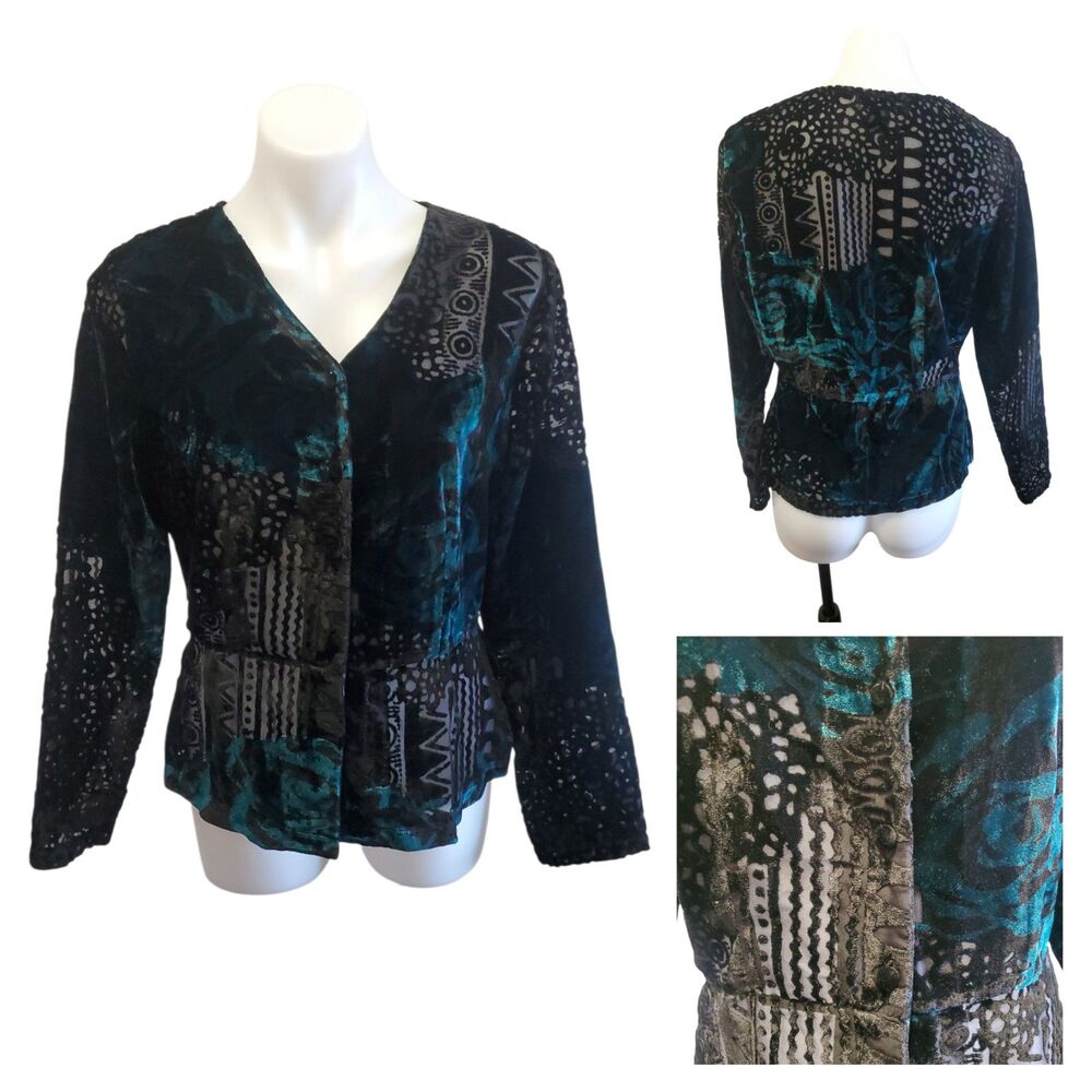 Mirasol Vintage Velvet Burnout Button Up Boho Artsy Abstract Teal Black Blouse M